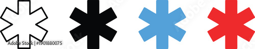 Set of star of life symbols in outline, black, blue, and red colors, representing medical assistance, emergency services, and healthcare symbol, commonly used for ambulances