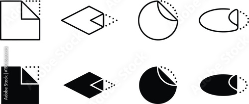 Set of stylized graphic icons representing document file page corner fold sticker corner peeling and directional arrow shapes in outline and solid black variations on transparent background