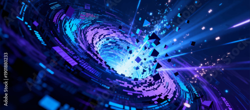 A vector illustration of the effects of destroying digital space in a whirlwind of pixels with dazzling energy.