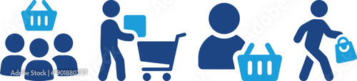 Shopping and consumer icons with group of people shopping baskets and person with shopping cart representing commerce and retail activity