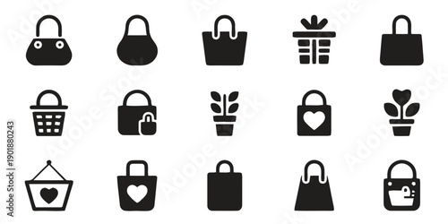 Shopping bags, purses, baskets, gifts, and potted plants icons, solid silhouette style, isolated on white background