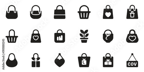 Shopping bags, baskets, purses, gifts, and potted plants icons, solid silhouette style, isolated on white background, diverse designs
