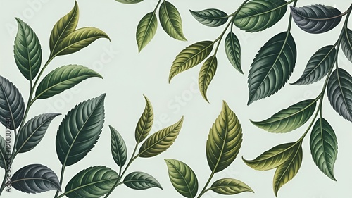 Background of Green and Yellow Leaves on Light Blue