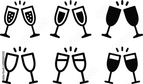 Six pairs of champagne glasses clinking together in celebration and toast, conveying joy and festivity