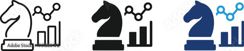 Strategic chess knight icon with business growth chart and financial graph, in outline, solid, and blue versions