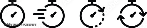 Stopwatch icon variations showcasing timer function with speed lines dashed line and circular arrow indicators in black outline and silhouette for time measurement concepts