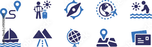 Travel and vacation icons depicting destinations, activities, and navigation elements