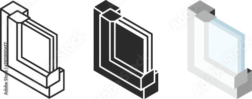 Triple glazed window unit icon in perspective showing insulating glass layers for energy efficiency and soundproofing in architectural design