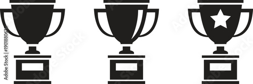 Trophy cup icon set celebrating victory and achievement variations include plain solid and star decorated versions on pedestals for sports awards and 