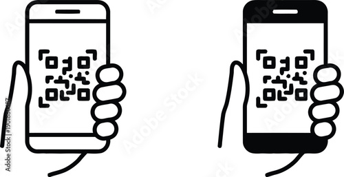 Two hand-held smartphone icons displaying QR codes for scanning, one outlined and one solid, representing mobile payment and information access