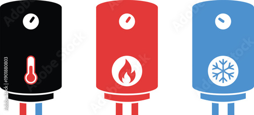 Water heater icons set, boiler symbols for hot cold and heat, temperature gauge and flame indicator, black red and blue colors, functional home appliance illustrations.