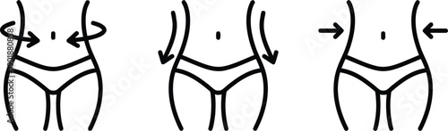 Woman waist line reduction icons set, healthy lifestyle and body shaping transformation graphic, weight loss stages depicted with arrows and measurement tape, flat design line art symbols.