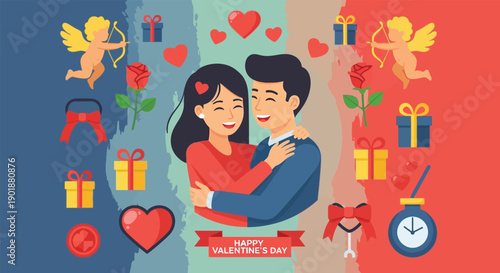 A happy couple embracing on Valentine's Day with gifts and hearts around them