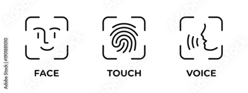 Biometric authentication icons face touch voice for secure identification using facial recognition fingerprint scanning and voice pattern analysis for technology and security applications