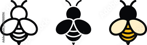 Bee character illustrations in three styles including thin line art silhouette black and white and colored version with yellow stripes and wings for honey production and nature conservation concepts