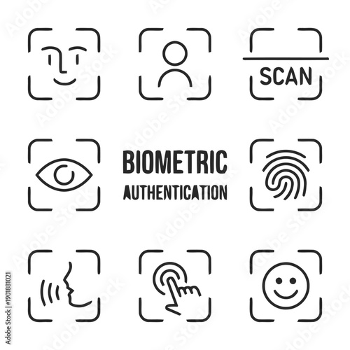 Biometric authentication methods icons including face scan, fingerprint touch, eye scan, voice recognition, and person identification for security access and technology user interface design elements