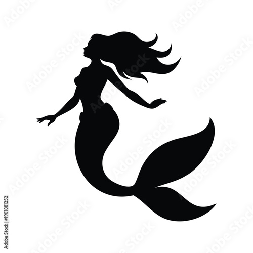 mermaid flipping tail above water silhouette vector illustration, Elegant mermaid silhouette with flowing hair and tail, graceful underwater creature silhouette vector illustration