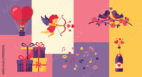 A colorful Valentine's Day themed collage with Cupid, gifts, and romantic symbols