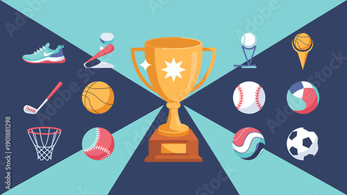 Sporting Triumph: A visually dynamic composition showcases a gleaming golden trophy as the centerpiece, encircled by an array of sporting equipment.