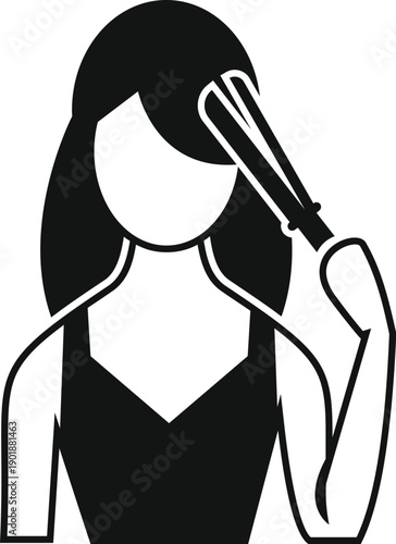 Woman using a hair straightening tool on her long hair, a beauty grooming silhouette icon