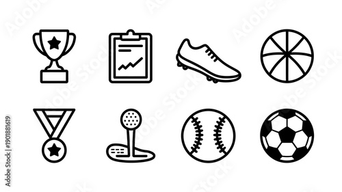 Sports Icon Array: An array of sports icons, each meticulously rendered in a clean, modern style, showcasing a diverse range of athletic activities and achievements.