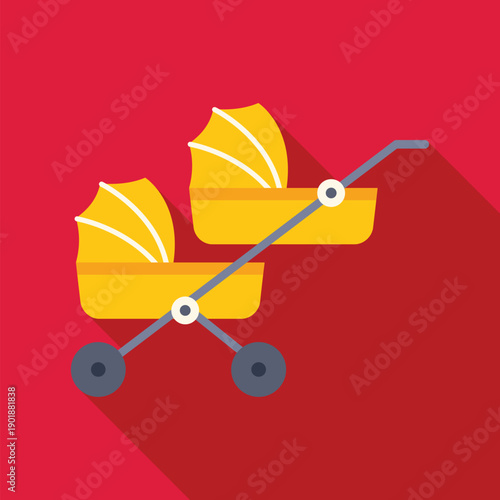 Double baby stroller with two yellow prams representing twins and family concept