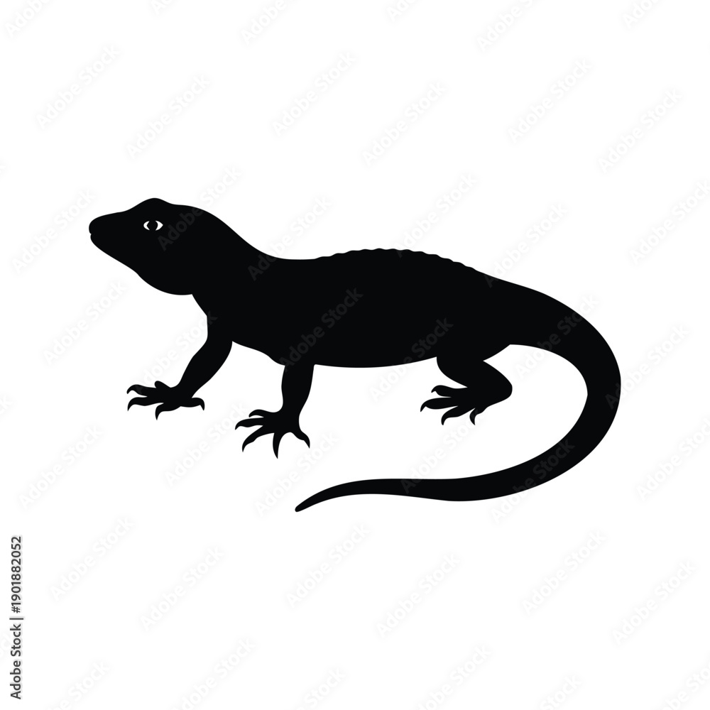 Obraz premium reptile in desert silhouette vector illustration, Elegant black silhouette vector illustration of a lizard walking on a flat surface with clean lines