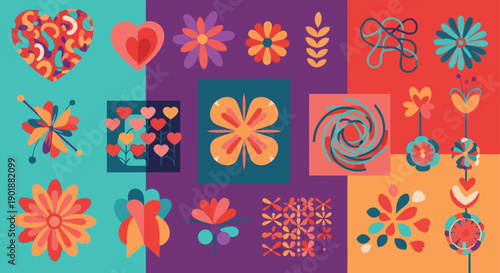 A vibrant and colorful illustration of various flowers and hearts in different shapes and sizes