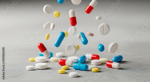 Wallpaper Mural Assorted Pills and Capsules Falling onto a Gray Surface. Torontodigital.ca
