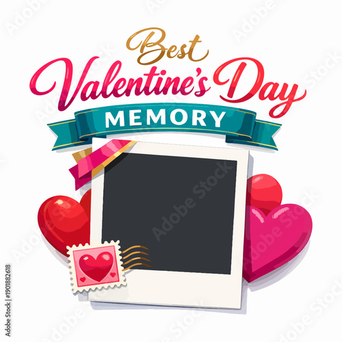 Playful Valentine’s Day Memory design with a photo frame, hearts, and stamps, symbolizing sweet nostalgia, romance, and cherishing cherished moments of love and joyful connection