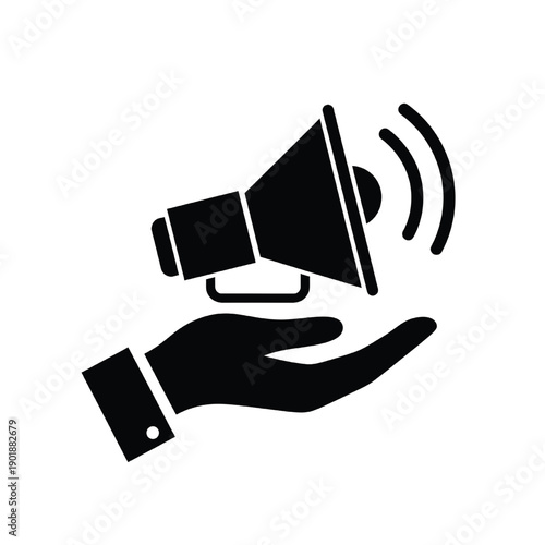 Megaphone announcement icon held in hand with sound waves, bold black silhouette pictogram for marketing, public relations, promotion, notification and outreach design