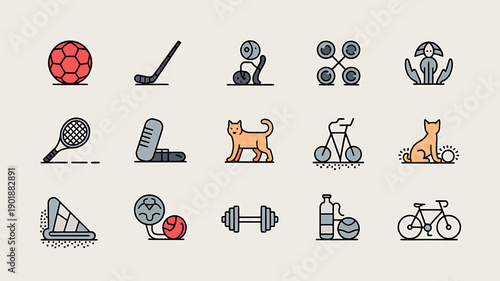 Iconic Recreation: A collection of vibrant icons, each a miniature representation of leisure activities, embodies the spirit of diverse pastimes, hobbies, and sports.