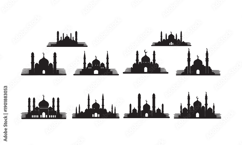 Fototapeta premium Mosque silhouettes vector set. Islamic architecture, domes, and minarets for Ramadan and Eid.
