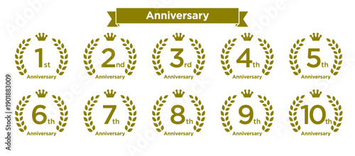 金色の月桂冠とクラウン　周年記念アニバーサリーロゴ 1st〜10th