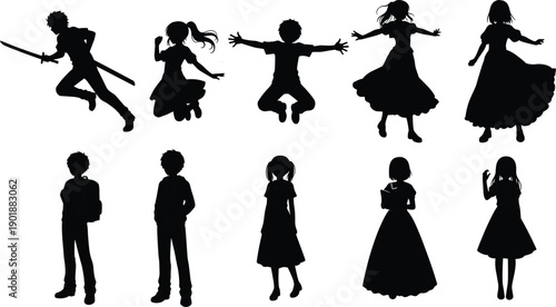 Anime kids silhouettes illustration, jumping standing teen characters, manga style children poses, youth figures, black vector isolated collection