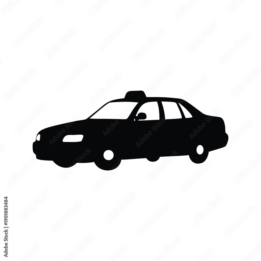 Naklejka premium taxi parked on street silhouette vector illustration, Classic black and white taxi cab with rooftop light silhouette vector illustration for travel and transportation designs