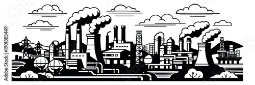 Stylized line art illustration of an industrial cityscape depicting factories and power plants for manufacturing and energy concepts