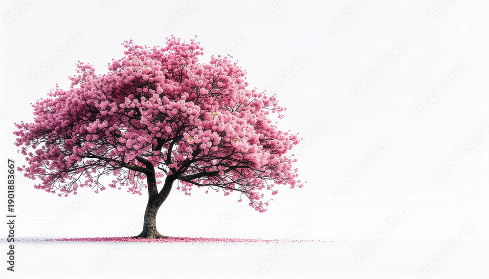 Naklejka premium Cherry Blossom Tree Isolated on White Background with Pink Flowers in Full Bloom
