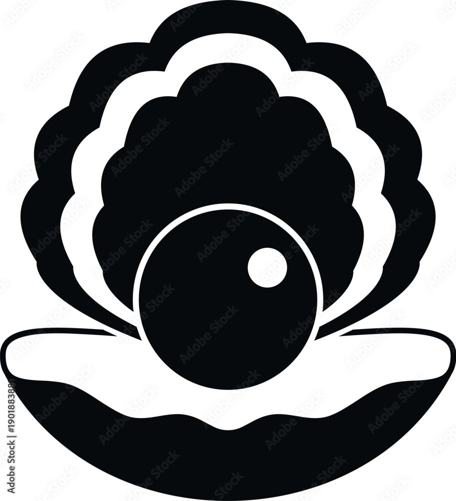 Fototapeta premium Black and white silhouette of an opened clam showing a precious pearl