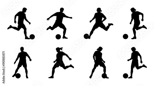 Soccer Players in Action: Dynamic silhouettes of soccer players demonstrating skillful kicks with the ball. capturing the energy, agility and passion of the sport.