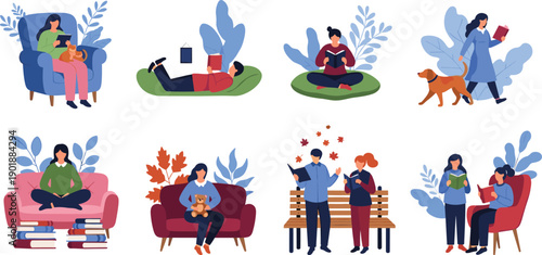 People reading books illustration collection, leisure education lifestyle scenes, students readers set, cozy home outdoor concept, vector design