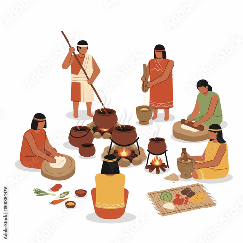 Flat Graphic Indigenous People Preparing Food Traditional Life Illustration