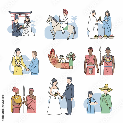 Simple Hand Drawn Diverse Wedding Ceremony Around the World Illustration Set