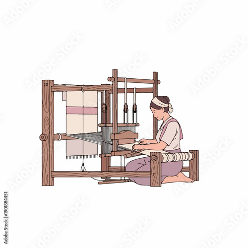 Detailed Color Illustration of Traditional Loom Weaving Process with Female Weaver