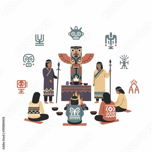 Flat Design Illustrated Indigenous People Tribal Ceremony with Totem Pole and Sacred Symbols Cultural Illustration