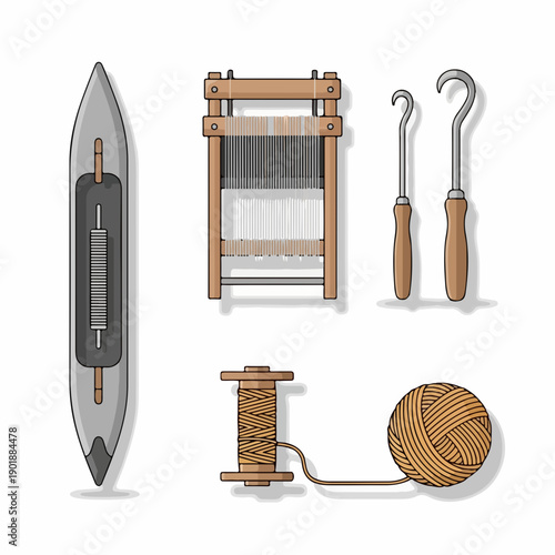 Stylized Flat Design Illustration of Traditional Weaving Craft Tools and Textile Production Equipment Collection