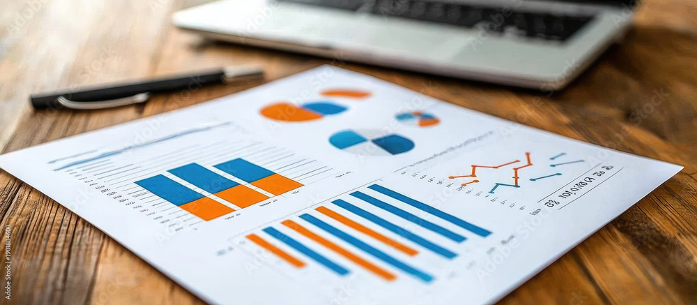 Obraz premium Business Charts and Graphs on Wooden Desk with Laptop and Pen Focused on Financial Data Analysis and Planning