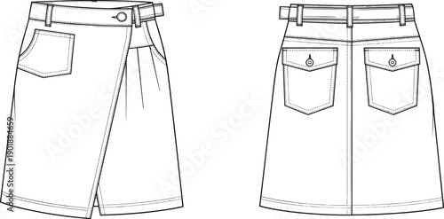 Women's denim skirt technical fashion flat sketch, front back view, apparel CAD drawing, detailed stitching, pocket design, vector illustration template