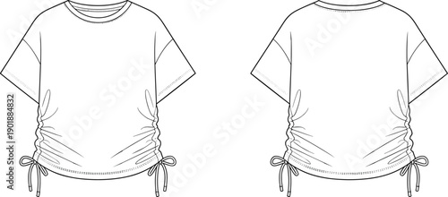Womens ruched t shirt technical fashion flat sketch, short sleeve top design, front back view, apparel CAD vector illustration