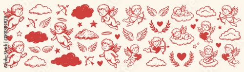 Valentine’s Day angel collection features cupids, clouds, and hearts in a romantic red doodle style.